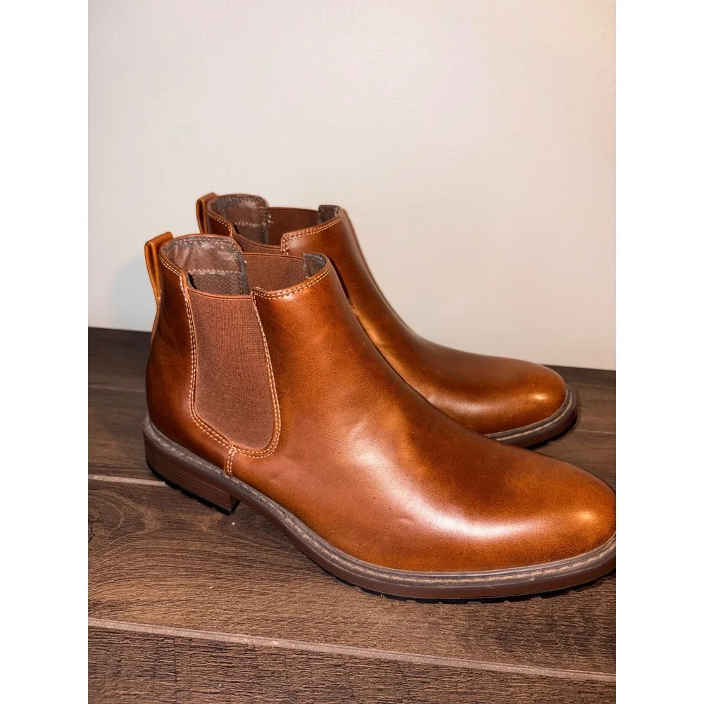 Perry Ellis Portfolio Mens Cognac Brown Chelsea Boots Ankle Pull On Lug Sole